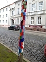 Die Apotheke am Theater versucht sich im "Urban Knitting" und packt ihre B&auml;ume warm ein (Foto: Peter Blei)