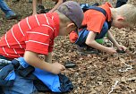 Neugierige Kids:  Mit der Lupe erkunden die Waldentdecker den Boden und erkennen, dass der Fr&uuml;hling &uuml;berall zu finden ist: Krabbelnde K&auml;fer, keimende Pflanzen und winzige W&uuml;rmer werden beobachtet. (Foto: S. Spehr)