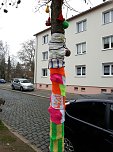 Die Apotheke am Theater versucht sich im "Urban Knitting" und packt ihre B&auml;ume warm ein (Foto: Peter Blei)
