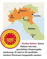 Bild: Grana Padano hat eine gesch&uuml;tzte Ursprungsbezeichnung. Er darf in 33 norditalienischen Provinzen hergestellt werden.