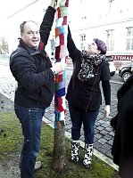 Bild: Die Apotheke am Theater versucht sich im "Urban Knitting" und packt ihre B&auml;ume warm ein