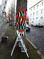 Bild: Die Apotheke am Theater versucht sich im "Urban Knitting" und packt ihre B&auml;ume warm ein