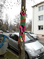 Bild: Die Apotheke am Theater versucht sich im "Urban Knitting" und packt ihre B&auml;ume warm ein
