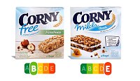 Bild: Zwei Corny-M&uuml;sliriegel, aber nur einer ist eine ausgewogene Zwischenmahlzeit: Corny Free enth&auml;lt kaum ges&auml;ttigte Fette und Zucker, daf&uuml;r viele Proteine und Ballaststoffe � deshalb tr&auml;gt er den Nutri-Score B. Corny Milch dagegen enth&auml;lt mehr Zucker und Fett als eine Schoko-Sahne-Torte � der Nutri-Score entlarvt ihn auf einen Blick.