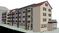 Hinteransicht: Der neue Laubeneingang wird angestellt, über einen zusätzlichen Fahrstuhl können die 32 Wohnungen barrierefrei erreicht werden. Bild: Hinteransicht: Der neue Laubeneingang wird angestellt, über einen zusätzlichen Fahrstuhl können die 32 Wohnungen barrierefrei erreicht werden.
