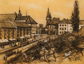 Bild: Die Rautenstra&szlig;e in den 70er/80er Jahren von G&uuml;nter Groh, Kreidezeichnung