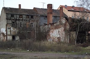 Die R&uuml;ckseiten dieser K&uuml;mmelh&uuml;tten neben dem alten Harzer-Stielwerke-Fachwerkbau haben die Kunden des Lidl-Marktes t&auml;glich vor Augen
