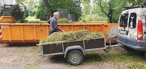  M&auml;hen f&uuml;r mehr Blumen und Wildbienen im kommenden Jahr: Acht Aktive pflegten die Streuobstwiese des Villenparks Hohenrode.