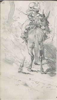 Adolph Menzel: Zwei Kinder auf einem Maultier reitend, Zeichnung, Skizzenbuch von 1868, Staatliche Museen zu Berlin, Kupferstichkabinett, bpk   (Foto: H. Kneffel)