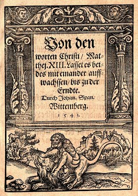 Bild: Titelblatt zu Nordh&auml;user Predigttexten mit einem Holzschnitt von Lucas Cranach d. &Auml;., 1541   