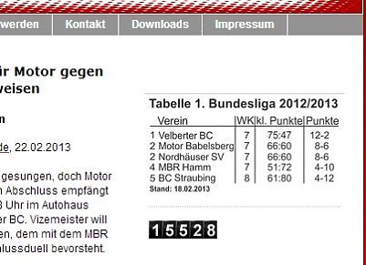 Tabelle vor dem letzten Kampf auf der Babelsberger Homepage (Foto: privat)