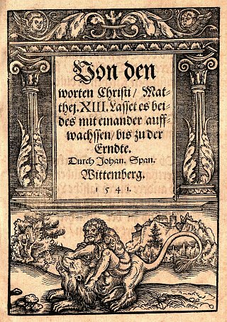 Bild: Titelblatt zu Nordh&auml;user Predigttexten mit einem Holzschnitt von Lucas Cranach d. &Auml;., 1541   