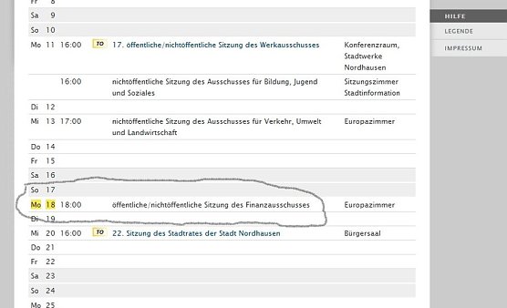Blick auf den Sitzungskalender (Foto: nnz)
