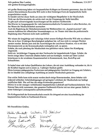 Brief der Lehrer der Kreismusikschule (Foto: privat)