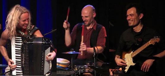 Cathrin Pfeifer (accordion, comp.), Takashi Peterson (guitars), Andi B&uuml;hler (drums, perc) (Foto: KUNSTHOF Friedrichsrode)