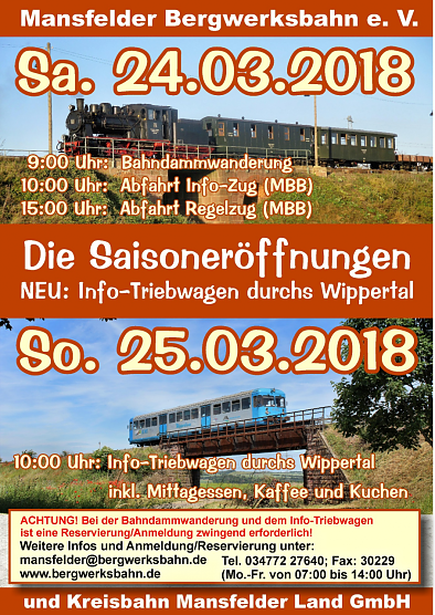 Info-Triebwagen durchs Wippertal (Foto: Mansfelder Bergwerksbahn) Info-Triebwagen durchs Wippertal (Foto: Mansfelder Bergwerksbahn)