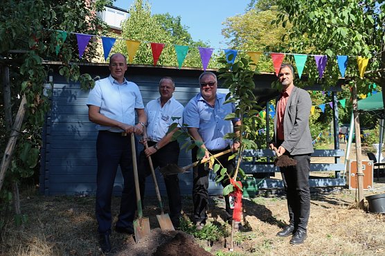v.l.: Landrat Matthias Jendricke, Hausleiter Mario Herz, AWO Gesch&auml;ftsf&uuml;hrer Michael Hack und Oberb&uuml;rgermeister Kai Buchmann (Foto: Angelo Glashagel)