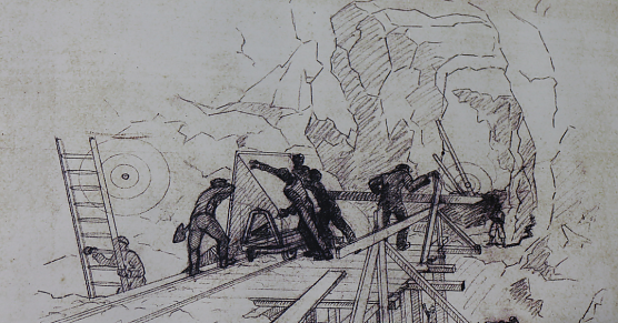 Stollenarbeiten in Dora, Zeichnung von Werner Br&auml;he, deutscher Werkschronist (Foto: Angelo Glashagel)
