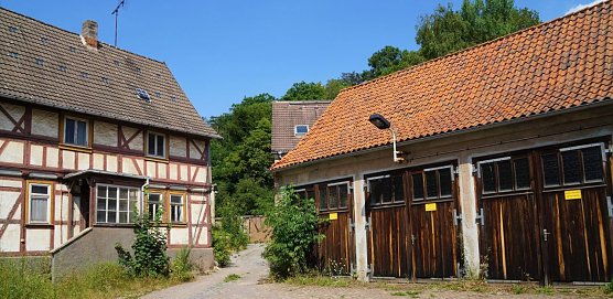 Noch ist das alte Wasserverbandsgel&auml;nde im Dornr&ouml;schenschlaf. Die beiden Fachwerkh&auml;user stehen unter Denkmalschutz (Foto: Susanne Schedwill)