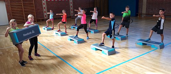 Auf 27 Steppbrettern k&ouml;nnen sich jetzt die Kinder der Ilfelder Grundschule austoben (Foto: Emanuel Fischer)
