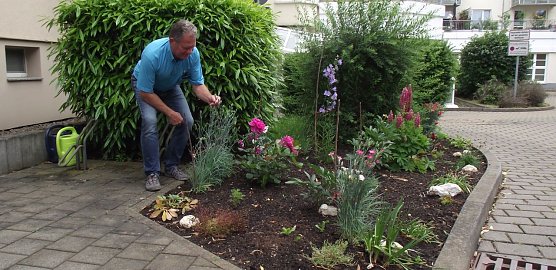 WBG-Teamleiter Objektmanager Helbing freut sich &uuml;ber die sch&ouml;ne Rabatte, die Jutta  Schulze aus der Spiegelstra&szlig;e 25 in Obhut hat. (Foto: Kurt Frank)