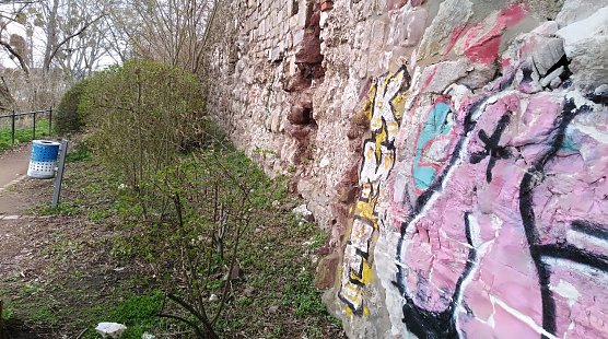 Bilder von der Stadtmauer: Zerst&ouml;rung, Beschmierung. Durch die gesamte Stadt ziehen sich beschmierte &ouml;ffentliche Anlagen. (Foto: AfD NDH)