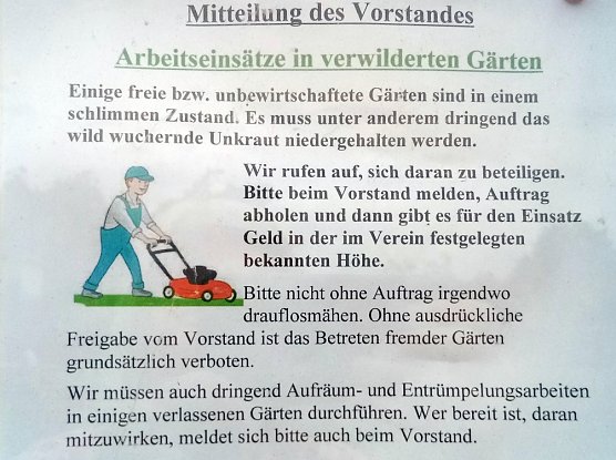 Der Vorstand wirbt f&uuml;r Arbeitseins&auml;tze in verwilderten G&auml;rten. Hilfreich w&auml;re f&uuml;r Neu-G&auml;rtnerin Ursula Sacher ein Container, um weiteren Unrat, der sich in den Jahren anh&auml;ufte und den sie allein nicht wegschaffen kann, zu entsorgen. (Foto: kunk)