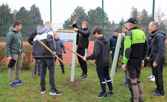 Sch&uuml;ler pflanzen B&auml;ume auf Sportplatz der Heringer Regelschule (Foto: B.Haupt)