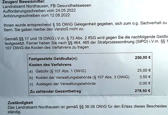 Auszug aus dem Bu&szlig;geldbescheid des Landratsamtes: 278 Euro sollen die Betroffenen 141 Personen zahlen (Foto: privat)