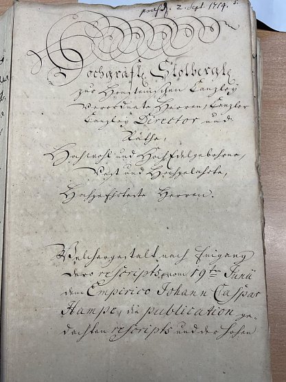 Gräfliche Archivakte von 1754 (Foto: Tim Schäfer) Gräfliche Archivakte von 1754 (Foto: Tim Schäfer)