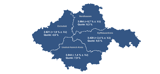 Bestand an Arbeitslosen und Arbeitslosenquoten bezogen auf alle zivilen Erwerbspersonen, Stand Februar 2024 (Foto: Agentur f&uuml;r Arbeit Th&uuml;ringen Nord)