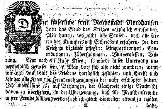 Teil der Titelseite des genannten Buches von 1763 mit den Schrecken des Krieges (Foto: H.Kneffel)