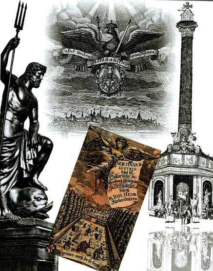 Plakat der Ausstellung zum dritten Thema: B&uuml;rgerliche Bildungselite mit der Neptunstatue Rietschels, (1804-1861) mit dem Kupferstich Metzels (Detail) von Nordhausen zu der Chronik Lessers, (1692-1757) mit dem Titelblatt des Buches Nordhusa Illustris � von Kindervater (1675-1726) und dem Kunst - und Friedenstempel von 1763 von Meil (1729-1772) als Kupferstich (Foto: Heidelore Kneffel)
