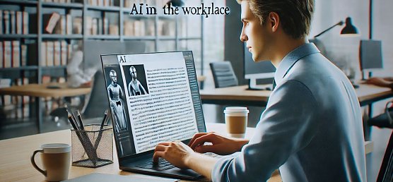 Symboldbild per Anweisung: Produziere ein Bild das einen Journalisten am Laptop zeigt, der einen Artikel &uuml;ber KI im Arbeitsalltag schreibt.  (Foto: erstellt mit Chat GPT 4)