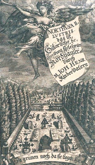 Frontispiz aus dem historischen Buch J. H. Kindervaters NORDHUSA ILLUSTRIS von 1715 im Stadtarchiv, Repro Stadtarchiv (Foto: H.Kneffel)