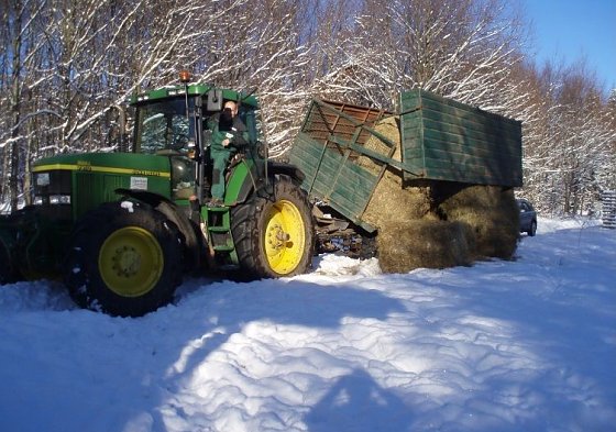 Bild: Anlieferung von Heu im Revier Rothes&uuml;tte zur Verteilung auf die Wildf&uuml;tterungen mit dem Traktor des Forstamtes