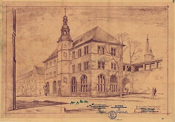 Bild: Das Nordh&auml;user Rathaus, Zeichnung von F.W. Stabe