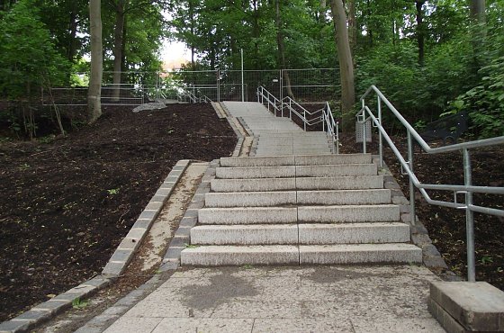 Bild: Vorbildlich. Die neue Gehegetreppe macht Fortschritte. Das Werk soll beendet sein, bevor der Herbst einzieht.