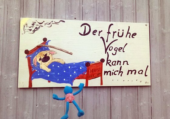 Bild:  Auf der Stirnseite des Gartenh&auml;uschens findet sich diese lustige Zeichnung. Gemeint ist ihre vierbeinige Freundin Moni, die lieber schlafe als einem Vogel etwas anzutun.
