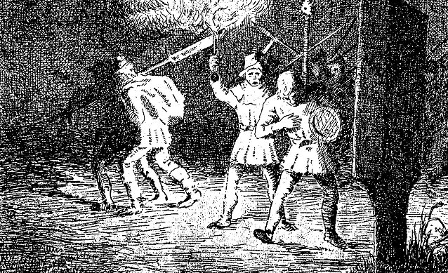 Bild: Aufst&auml;ndige Bauern auf dem Heimweg nach der Pl&uuml;nderung des Klosters Himmelgarten 1525 von Fritz Teichm&uuml;ller