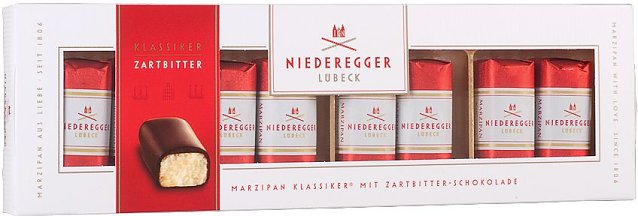 Bild: Niederegger Marzipan Klassiker mit Zartbitter-Schokolade Eckig, mit Schokoladen&uuml;berzug. Note GUT (1,6).