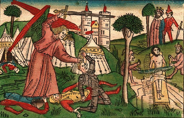 Bild: Handcolorierter Hozschnitt aus der Koburger Bibel, gedruckt 1483