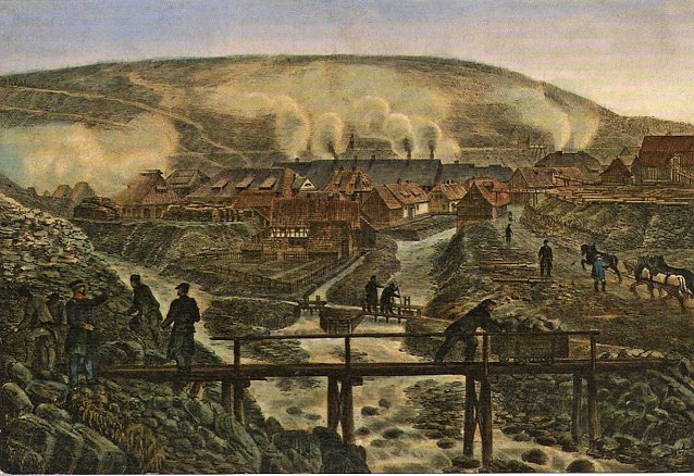 Bild: Die Frankenscharrnh&uuml;tte bei Clausthal-Zellerfeld um 1840 - eine der gravierendsten Schwermetallquellen im Oberharz. Kolorierte Lithographie nach einer Zeichnung von Wilhelm Ripe