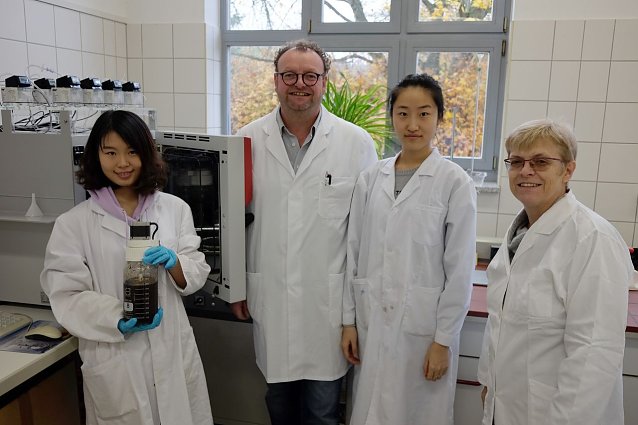 Bild: Studentin Yuwei Chang, Laboringenieur Frank Einicke, Studentin Xueyi Cheng und Prof. Dr. rer. nat. Uta Breuer (von links nach rechts) im Labor f&uuml;r Bioverfahrenstechnik der Hochschule Nordhausen