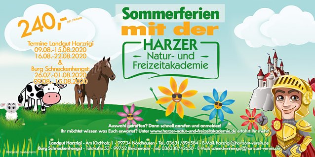 Bild: Die Harzer Natur- und Freizeitakademie des Horizont-Vereins mit ihren beiden H&auml;usern Burg Schneckenhengst in Bleicherode und Landgut Harzrigi in Nordhausen bietet wieder ihre Feriencamps an.