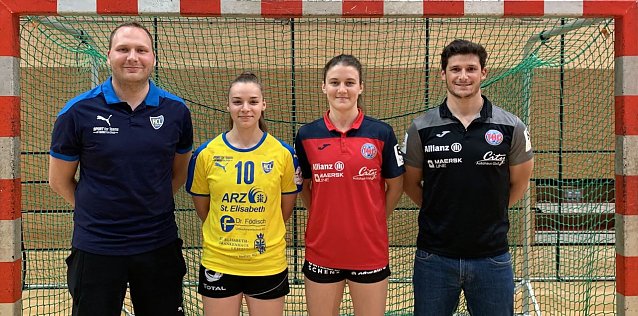Bild: v.L.n.R.: HCL Trainer Fabian Kunze, HCL Spielerin Emely Theilig, Tyra Bessert, THC Trainer Goncalo Miranda