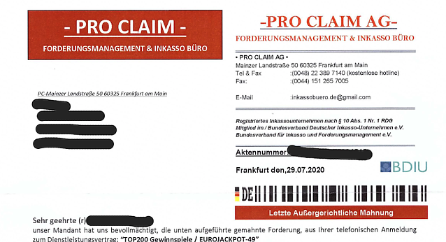 Bild: Die Pro Claim AG ist genauso erfunden wie die Forderungen auf den Mahnschreiben. Wer einen solchen Brief bekommt, sollte auf keinen Fall bezahlen!