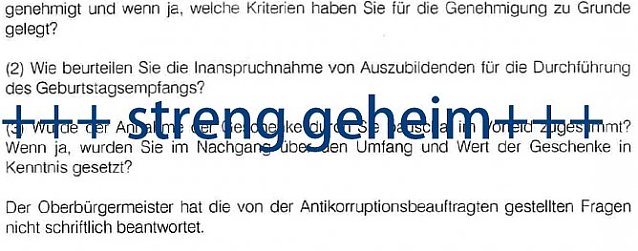 Bild: Ausriss von Fragestellungen an den damaligen OB Dr. Klaus Zeh, ein Bild aus privater Quelle, das redaktionell bearbeitet wurde. Es betrifft Stellen des Berichts, &uuml;ber die bereits &ouml;ffentlich diskutiert wurde.