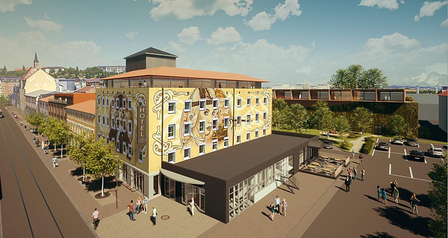 Bild: Das Areal hinter dem Hotel wird ein kleiner Park, die Fassade des Parkhauses begr&uuml;nt.
