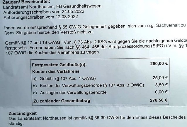 Bild: Auszug aus dem Bu&szlig;geldbescheid des Landratsamtes: 278 Euro sollen die Betroffenen 141 Personen zahlen